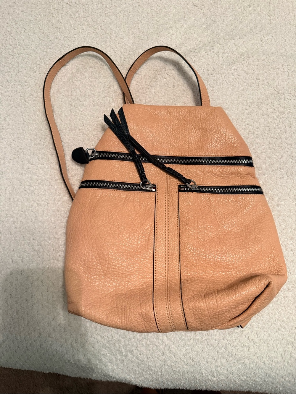 Pink Beige Leather Backpack Tote with Dual Zip Pockets